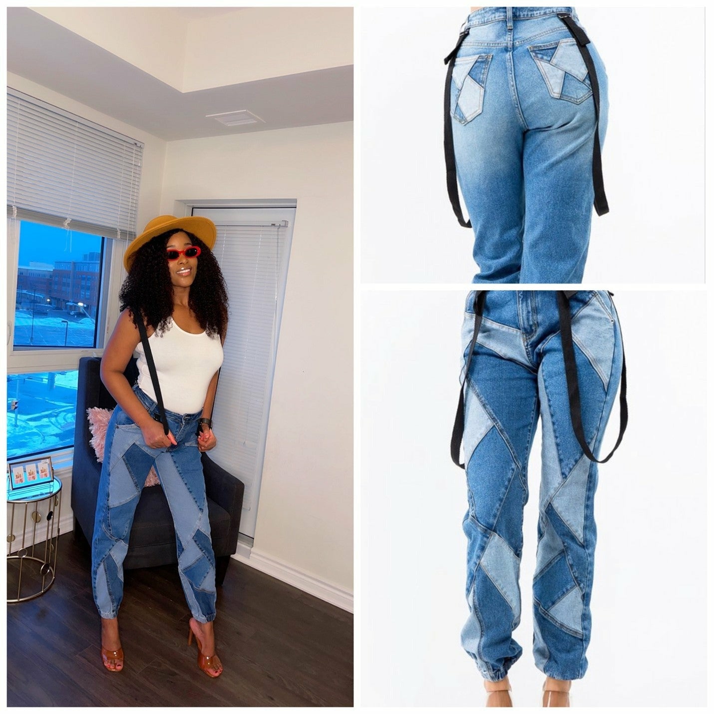 High Waisted Patchwork Joggers w/ Suspenders