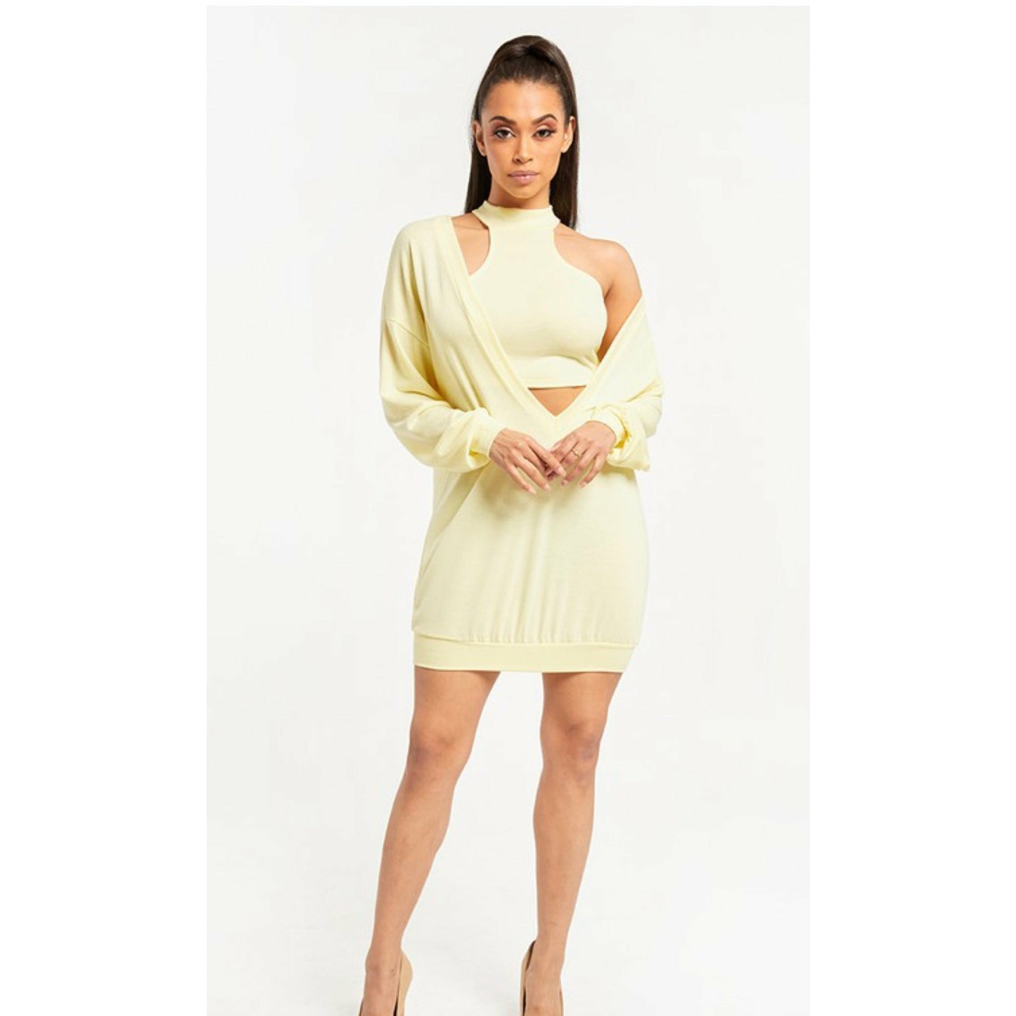 Deep V-Neck Crop top Dress Set